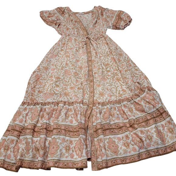 By the River tiered ruffle bohemian midi dress peach floral cottagecore peasant - Picture 2 of 8